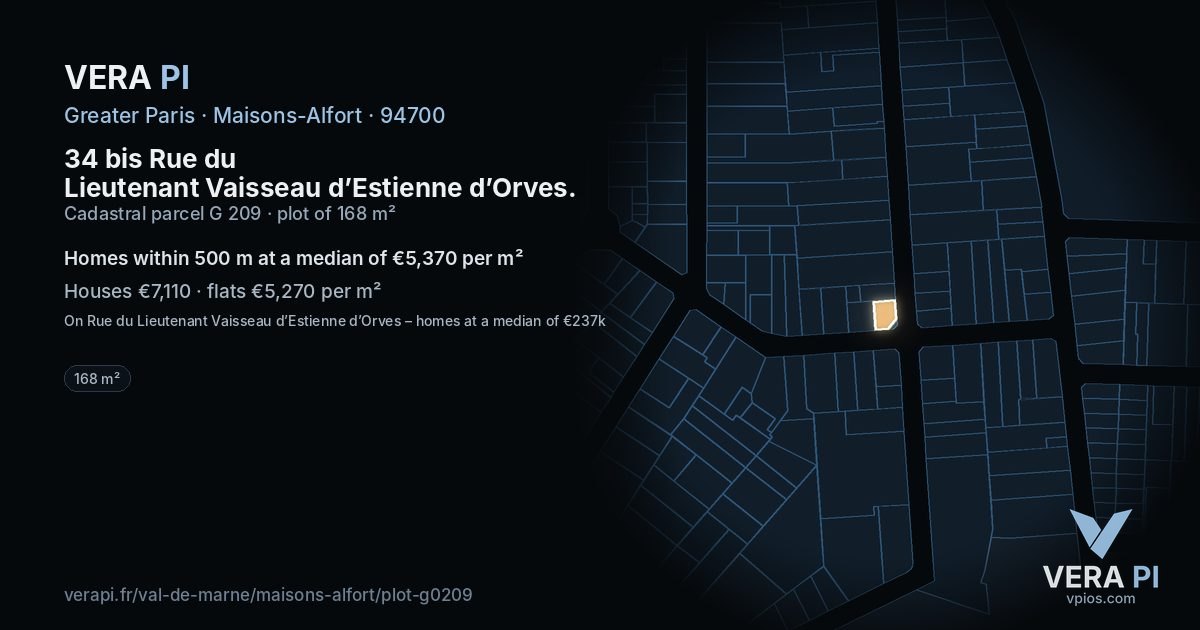 34 bis Rue du Lieutenant Vaisseau d’Estienne d’Orves, Maisons-Alfort at night – the plot lit, the parcels around coloured by the prices near them