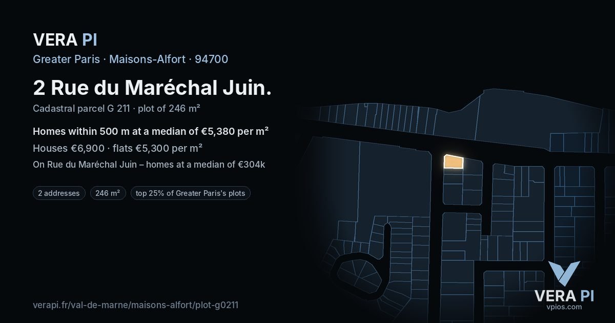2 Rue du Maréchal Juin, Maisons-Alfort at night – the plot lit, the parcels around coloured by the prices near them