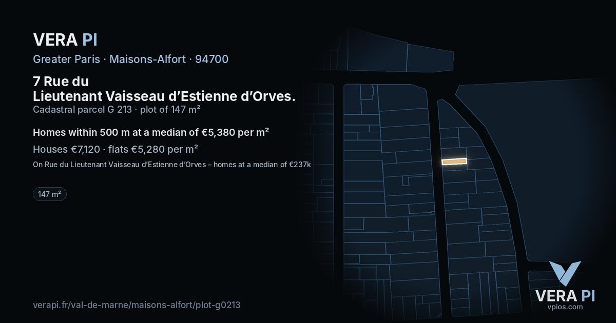 7 Rue du Lieutenant Vaisseau d’Estienne d’Orves, Maisons-Alfort at night – the plot lit, the parcels around coloured by the prices near them