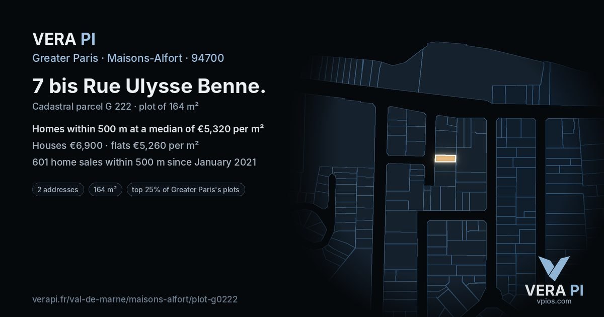 7 bis Rue Ulysse Benne, Maisons-Alfort at night – the plot lit, the parcels around coloured by the prices near them