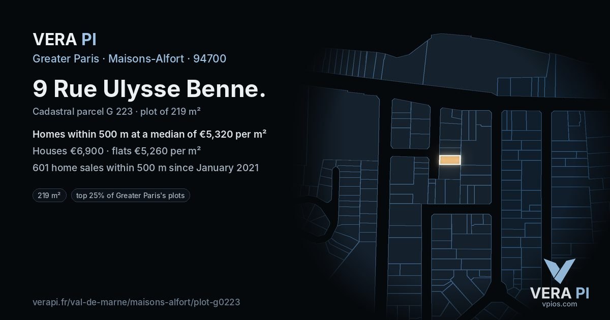 9 Rue Ulysse Benne, Maisons-Alfort at night – the plot lit, the parcels around coloured by the prices near them