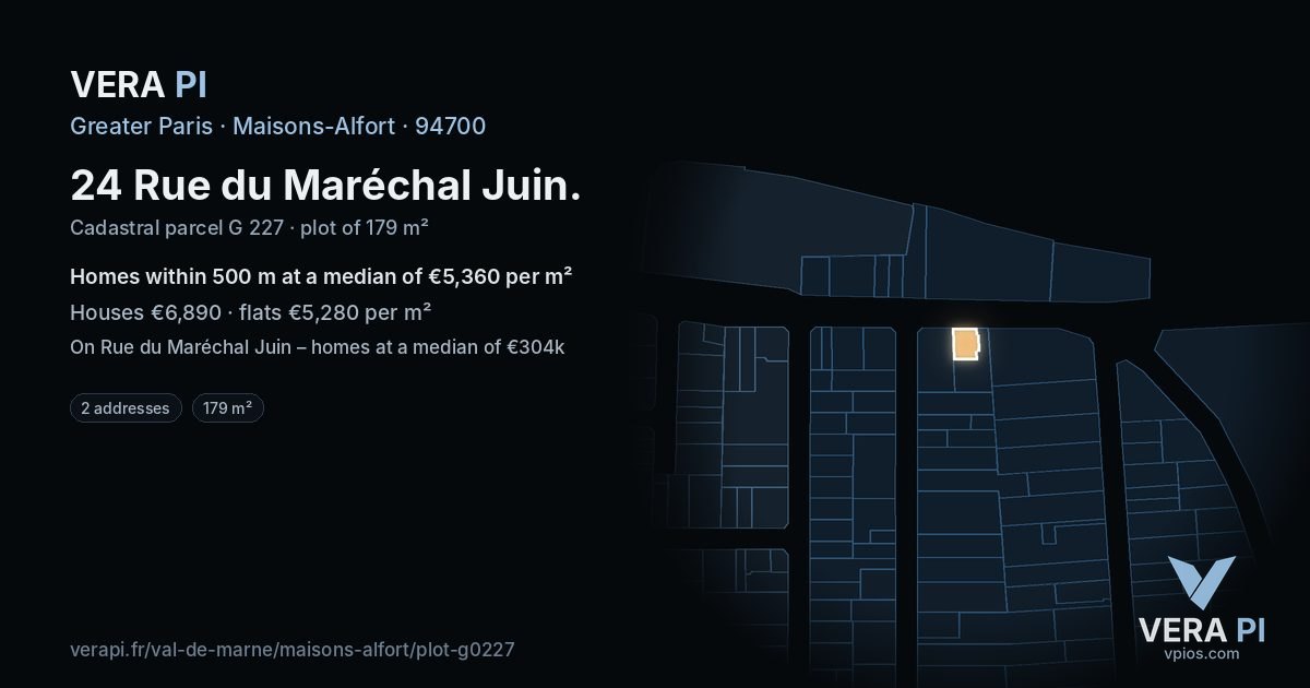 24 Rue du Maréchal Juin, Maisons-Alfort at night – the plot lit, the parcels around coloured by the prices near them
