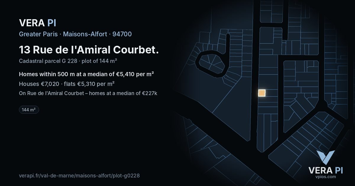 13 Rue de l'Amiral Courbet, Maisons-Alfort at night – the plot lit, the parcels around coloured by the prices near them