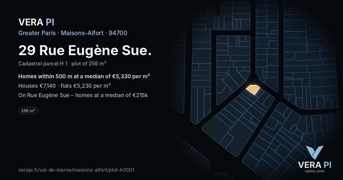 29 Rue Eugène Sue, Maisons-Alfort at night – the plot lit, the parcels around coloured by the prices near them