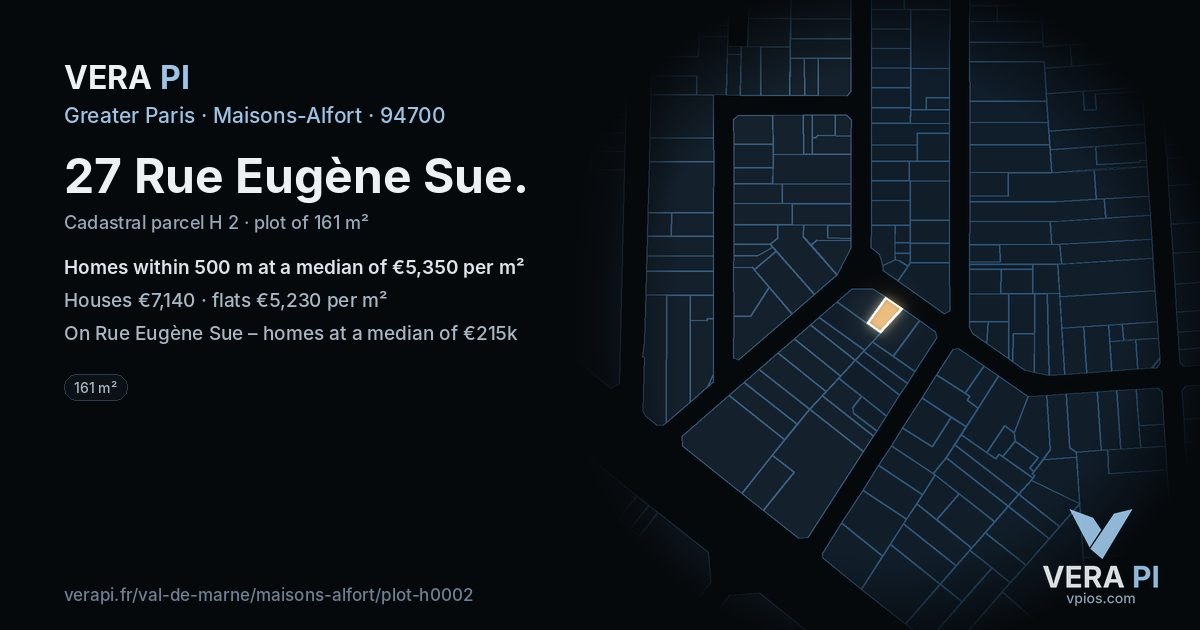 27 Rue Eugène Sue, Maisons-Alfort at night – the plot lit, the parcels around coloured by the prices near them