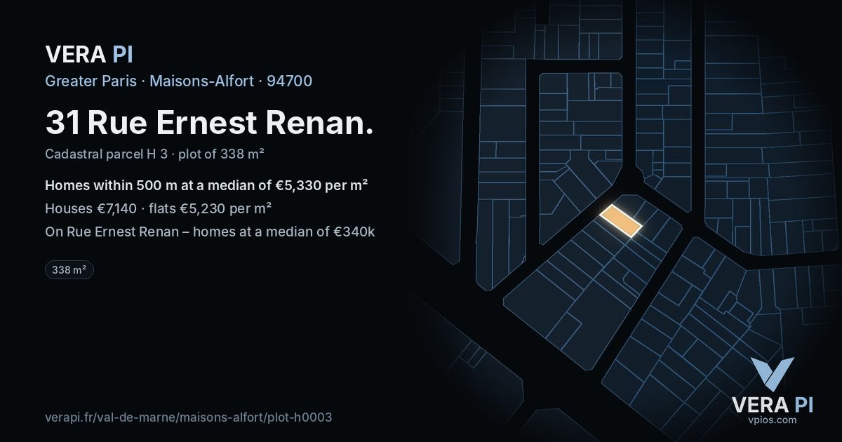 31 Rue Ernest Renan, Maisons-Alfort at night – the plot lit, the parcels around coloured by the prices near them