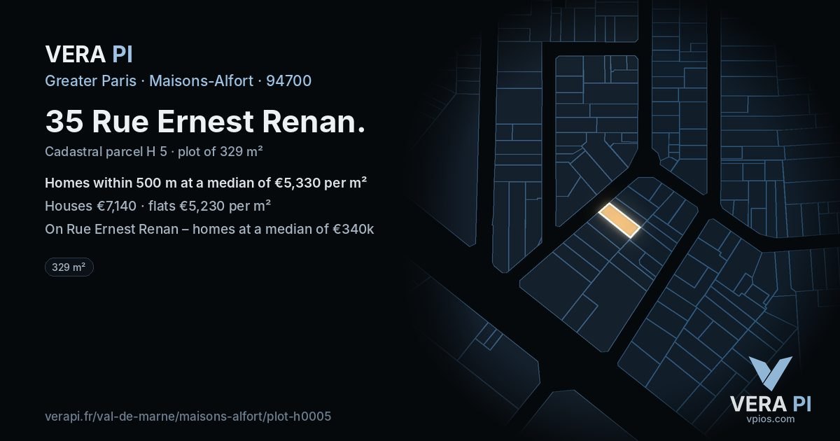 35 Rue Ernest Renan, Maisons-Alfort at night – the plot lit, the parcels around coloured by the prices near them