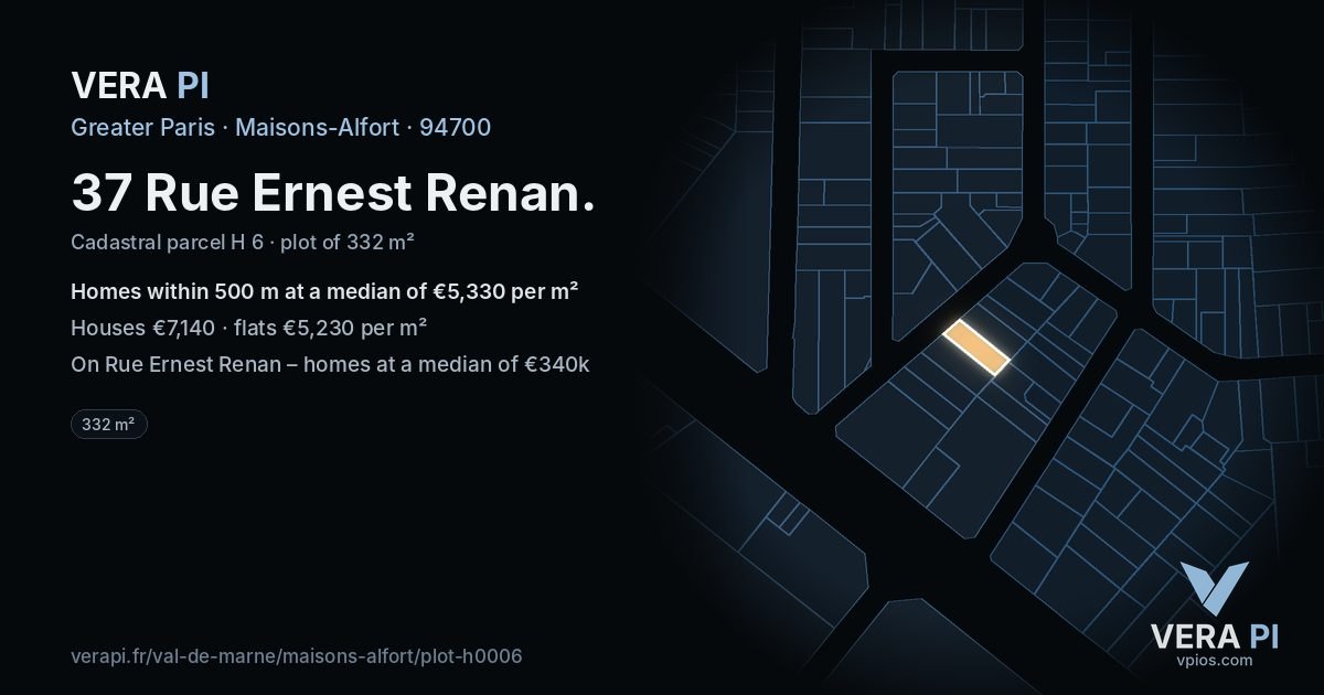37 Rue Ernest Renan, Maisons-Alfort at night – the plot lit, the parcels around coloured by the prices near them
