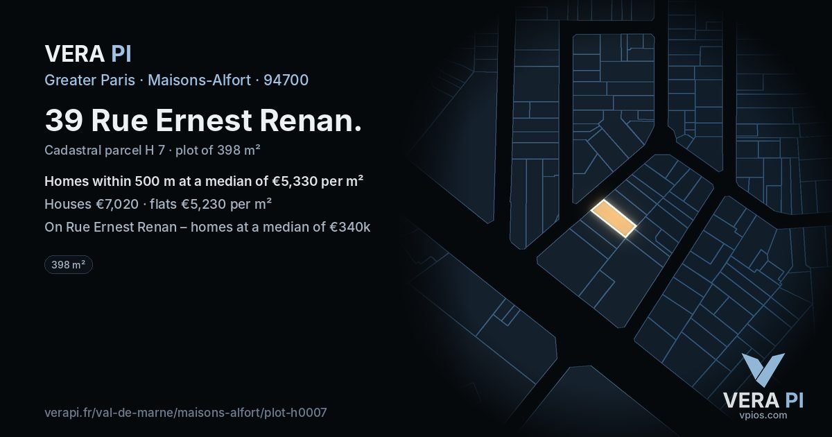 39 Rue Ernest Renan, Maisons-Alfort at night – the plot lit, the parcels around coloured by the prices near them