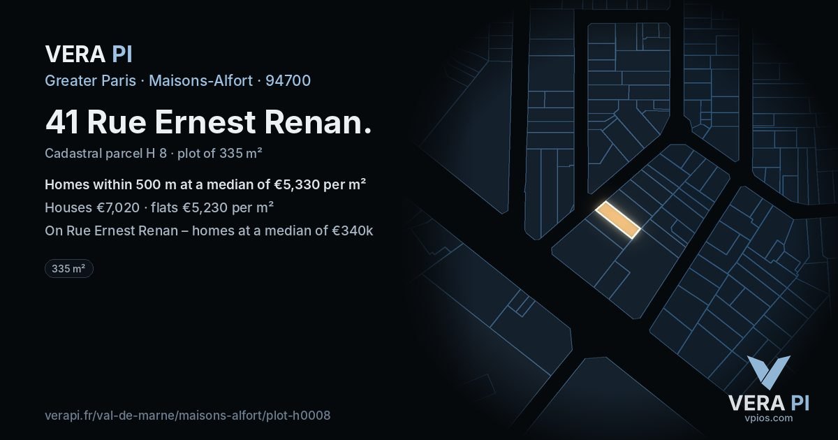 41 Rue Ernest Renan, Maisons-Alfort at night – the plot lit, the parcels around coloured by the prices near them