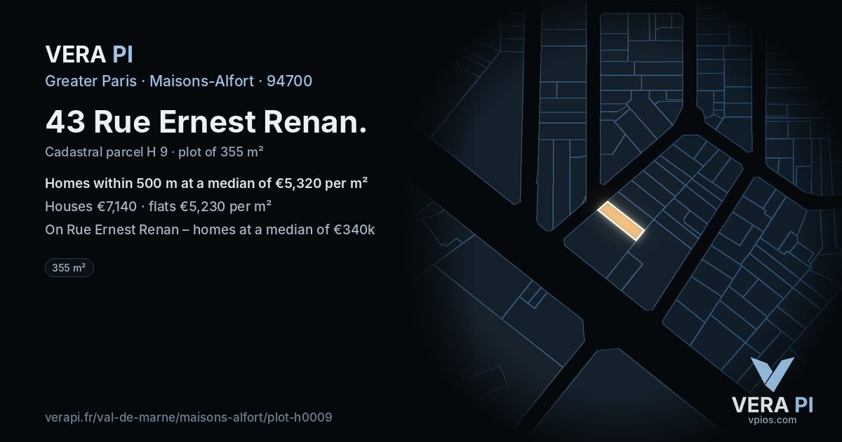43 Rue Ernest Renan, Maisons-Alfort at night – the plot lit, the parcels around coloured by the prices near them