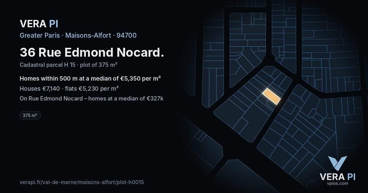 36 Rue Edmond Nocard, Maisons-Alfort at night – the plot lit, the parcels around coloured by the prices near them