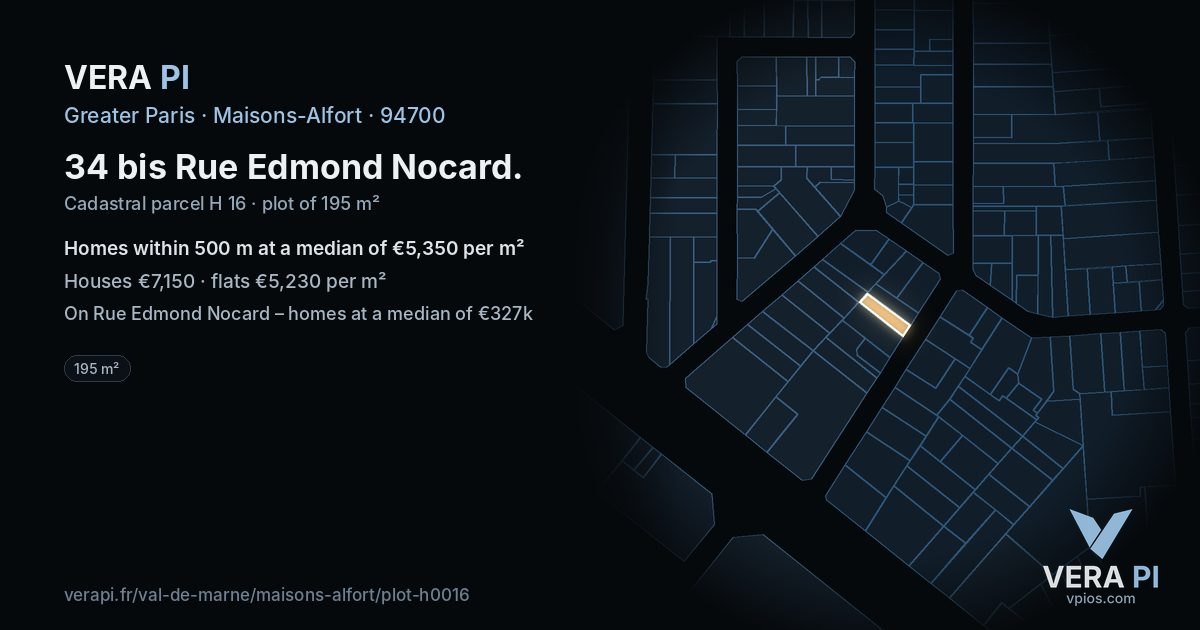 34 bis Rue Edmond Nocard, Maisons-Alfort at night – the plot lit, the parcels around coloured by the prices near them