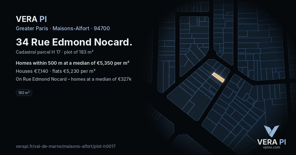 34 Rue Edmond Nocard, Maisons-Alfort at night – the plot lit, the parcels around coloured by the prices near them