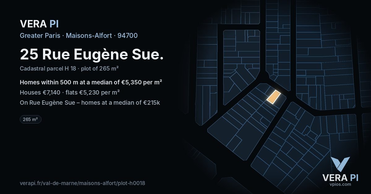 25 Rue Eugène Sue, Maisons-Alfort at night – the plot lit, the parcels around coloured by the prices near them