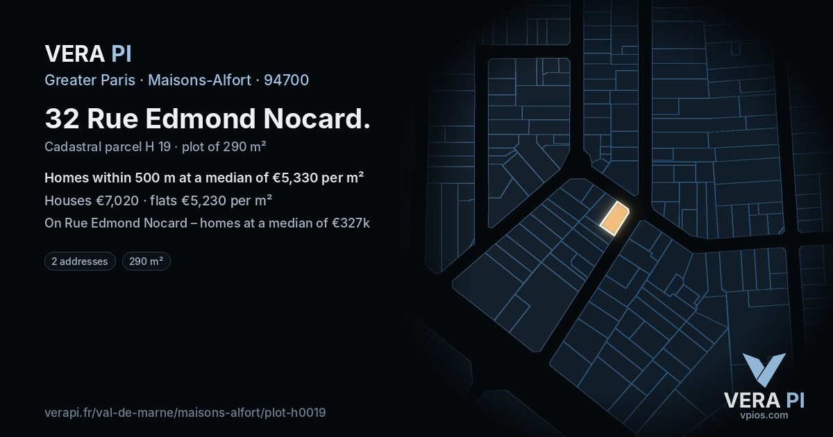 32 Rue Edmond Nocard, Maisons-Alfort at night – the plot lit, the parcels around coloured by the prices near them
