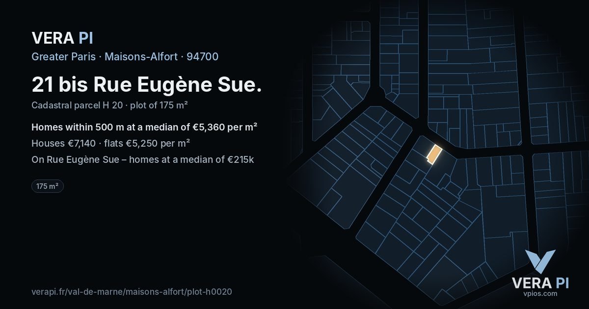 21 bis Rue Eugène Sue, Maisons-Alfort at night – the plot lit, the parcels around coloured by the prices near them