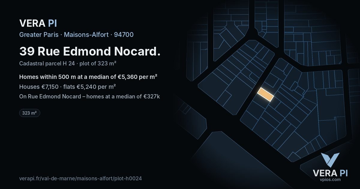 39 Rue Edmond Nocard, Maisons-Alfort at night – the plot lit, the parcels around coloured by the prices near them