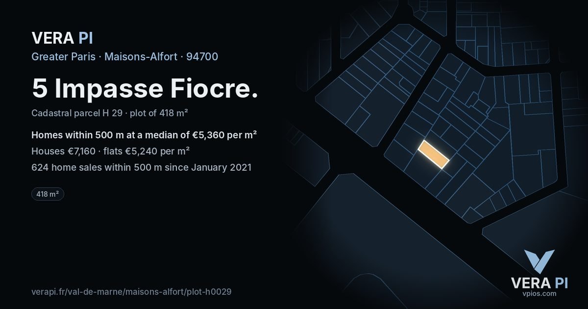 5 Impasse Fiocre, Maisons-Alfort at night – the plot lit, the parcels around coloured by the prices near them