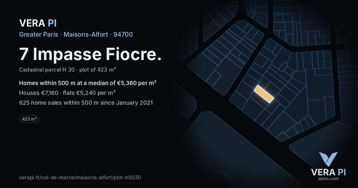 7 Impasse Fiocre, Maisons-Alfort at night – the plot lit, the parcels around coloured by the prices near them
