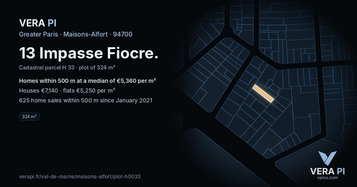 13 Impasse Fiocre, Maisons-Alfort at night – the plot lit, the parcels around coloured by the prices near them