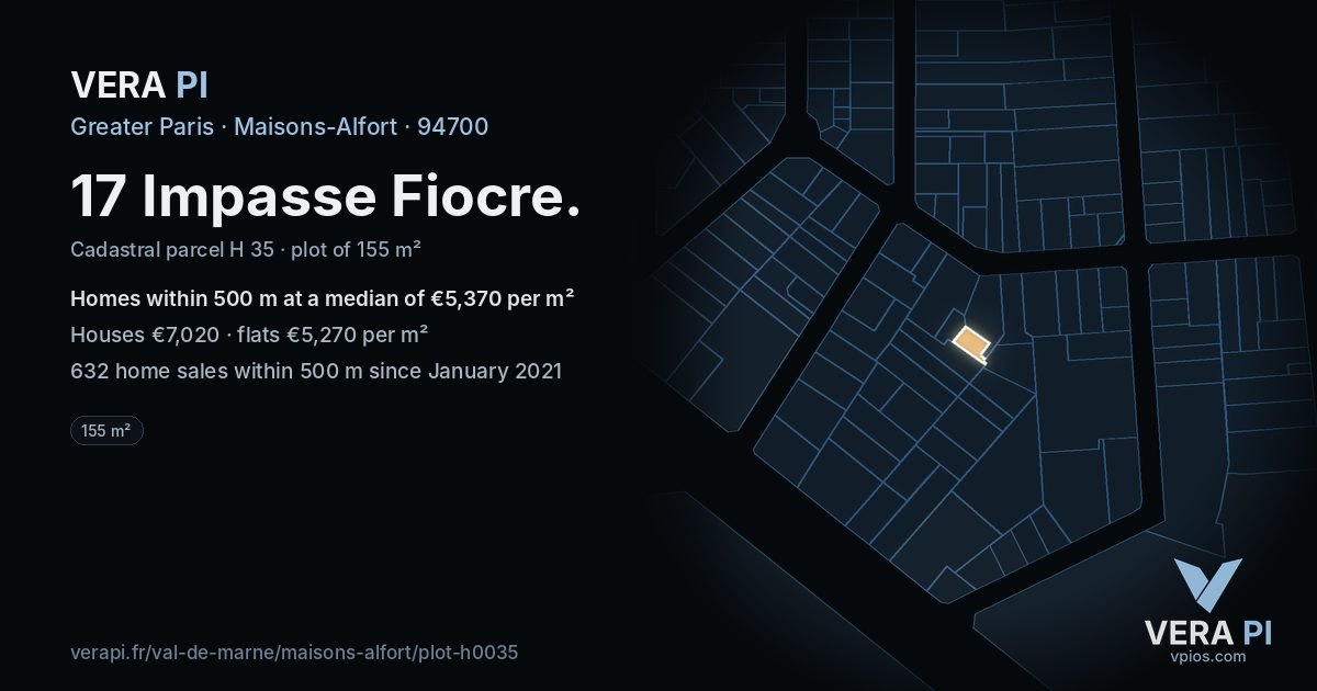 17 Impasse Fiocre, Maisons-Alfort at night – the plot lit, the parcels around coloured by the prices near them