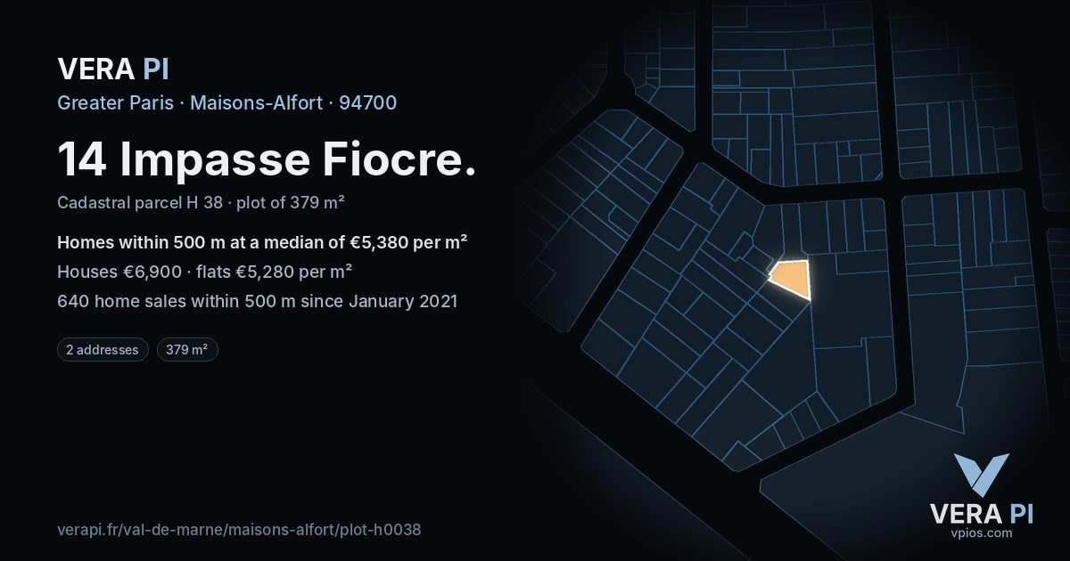 14 Impasse Fiocre, Maisons-Alfort at night – the plot lit, the parcels around coloured by the prices near them