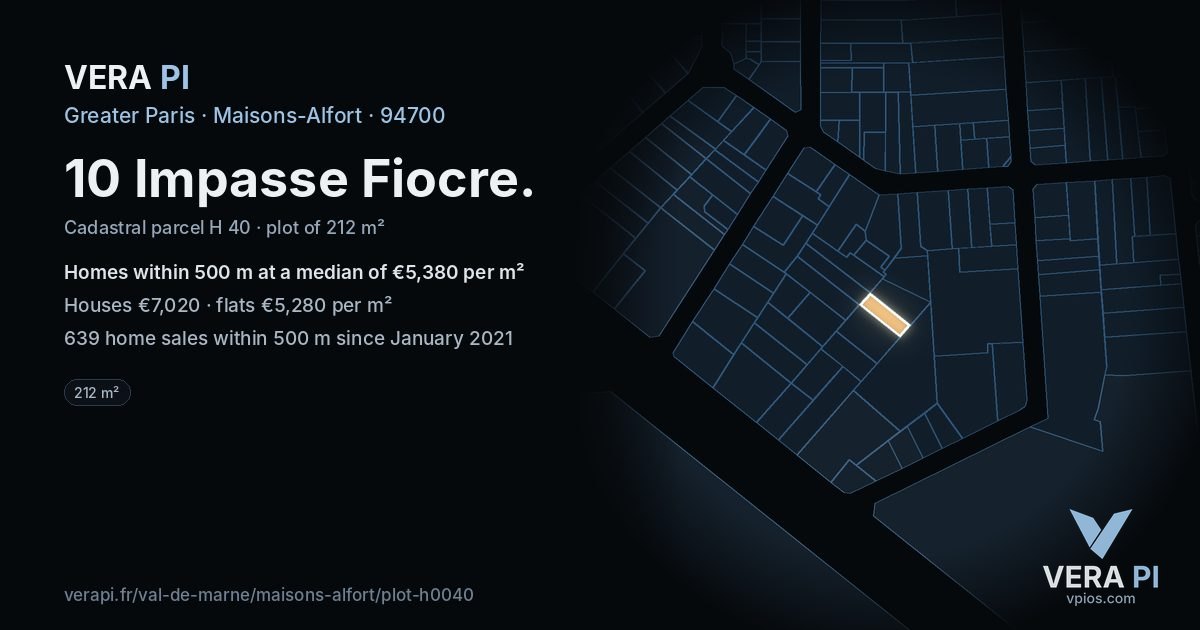 10 Impasse Fiocre, Maisons-Alfort at night – the plot lit, the parcels around coloured by the prices near them