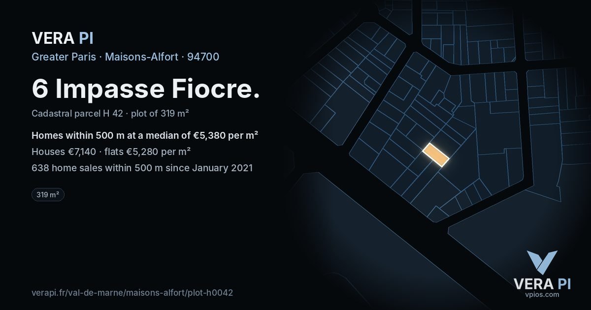 6 Impasse Fiocre, Maisons-Alfort at night – the plot lit, the parcels around coloured by the prices near them