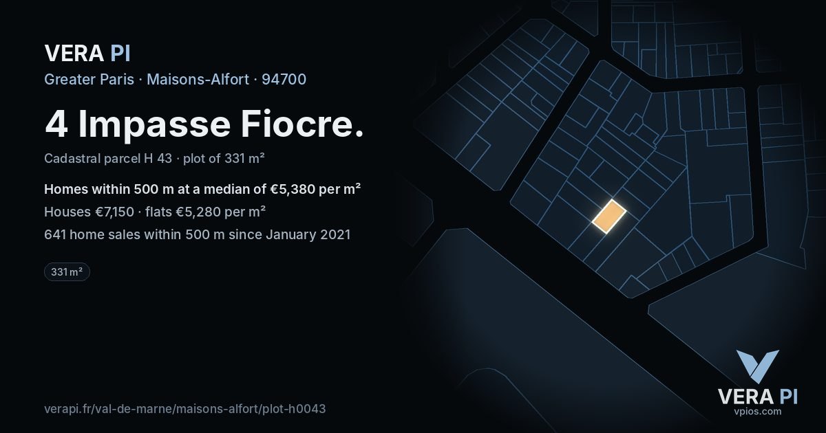 4 Impasse Fiocre, Maisons-Alfort at night – the plot lit, the parcels around coloured by the prices near them