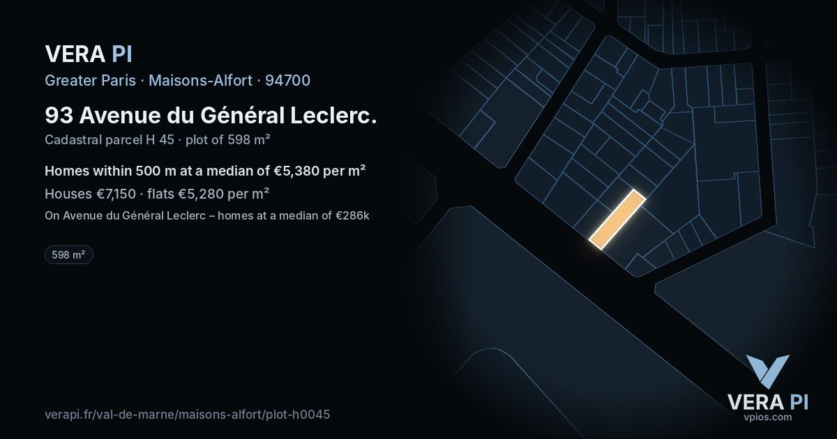 93 Avenue du Général Leclerc, Maisons-Alfort at night – the plot lit, the parcels around coloured by the prices near them