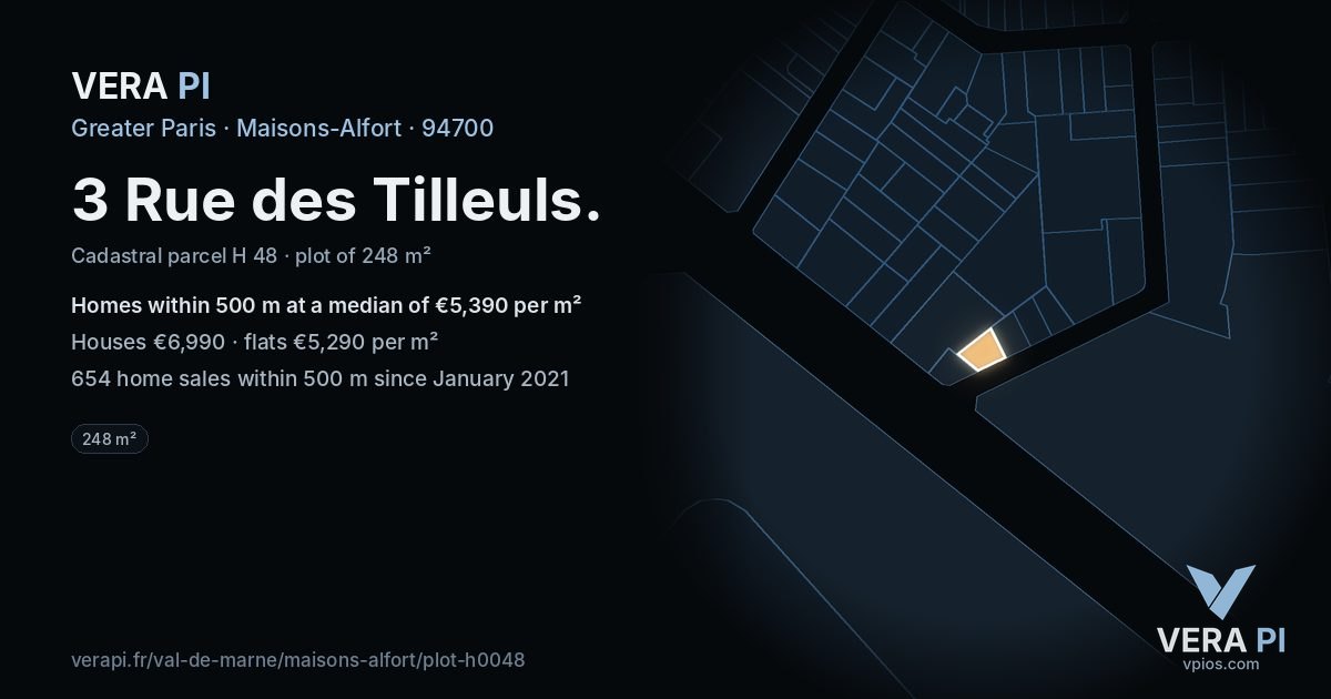 3 Rue des Tilleuls, Maisons-Alfort at night – the plot lit, the parcels around coloured by the prices near them