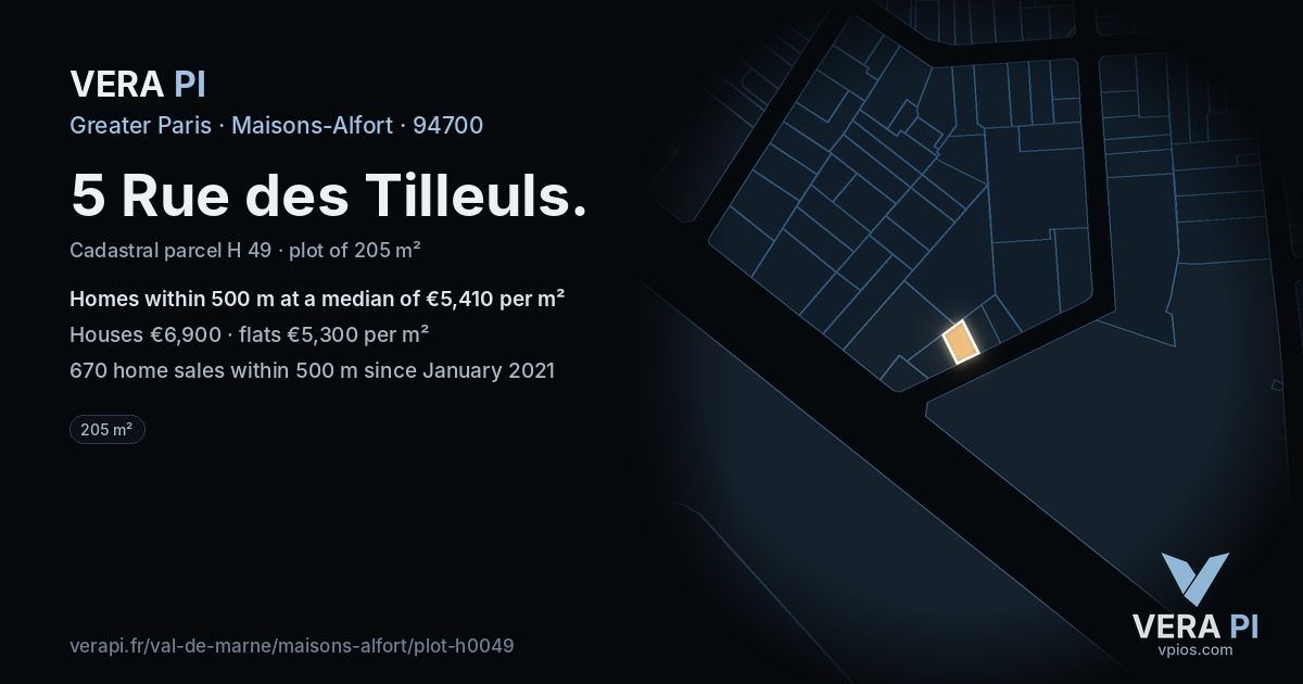 5 Rue des Tilleuls, Maisons-Alfort at night – the plot lit, the parcels around coloured by the prices near them