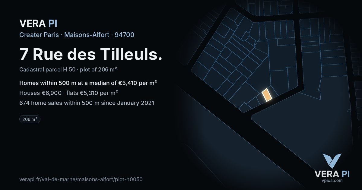 7 Rue des Tilleuls, Maisons-Alfort at night – the plot lit, the parcels around coloured by the prices near them