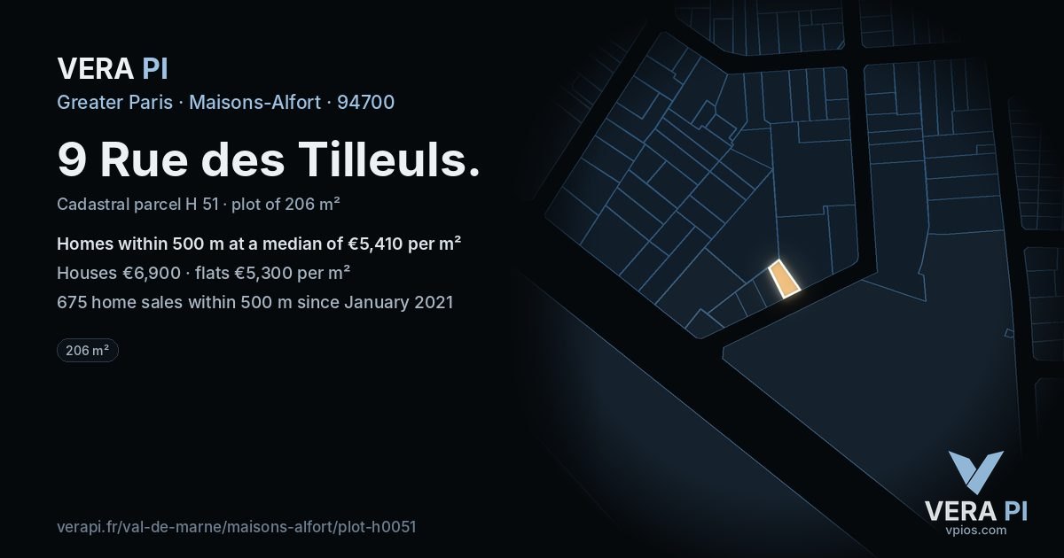 9 Rue des Tilleuls, Maisons-Alfort at night – the plot lit, the parcels around coloured by the prices near them