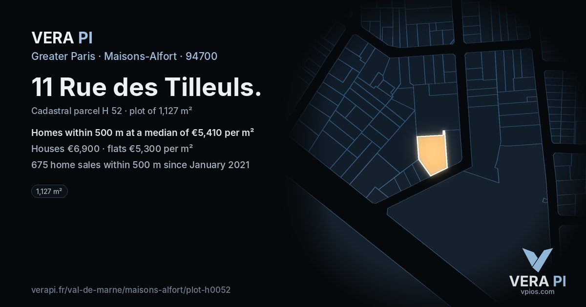 11 Rue des Tilleuls, Maisons-Alfort at night – the plot lit, the parcels around coloured by the prices near them