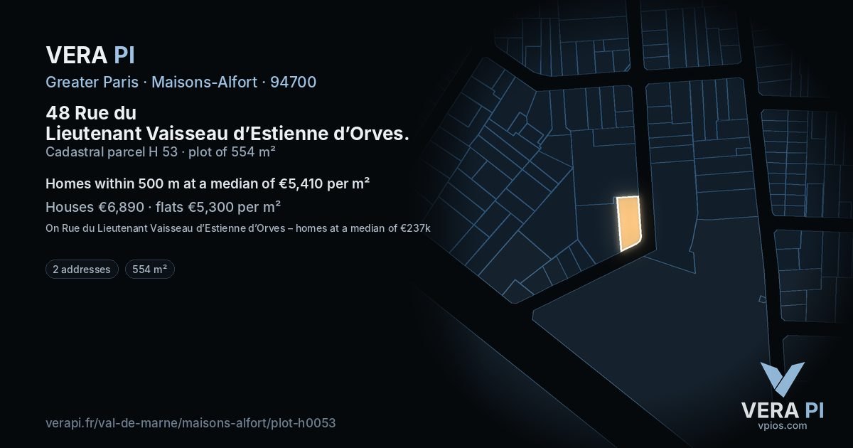 48 Rue du Lieutenant Vaisseau d’Estienne d’Orves, Maisons-Alfort at night – the plot lit, the parcels around coloured by the prices near them