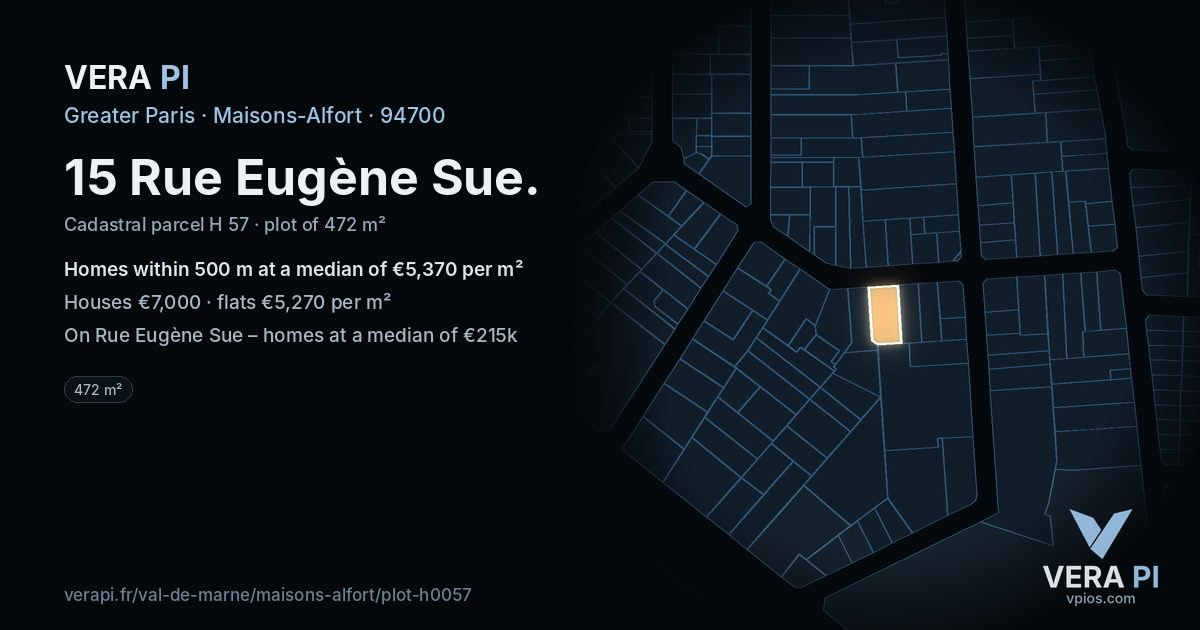 15 Rue Eugène Sue, Maisons-Alfort at night – the plot lit, the parcels around coloured by the prices near them