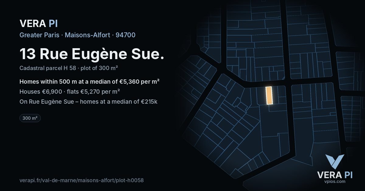 13 Rue Eugène Sue, Maisons-Alfort at night – the plot lit, the parcels around coloured by the prices near them