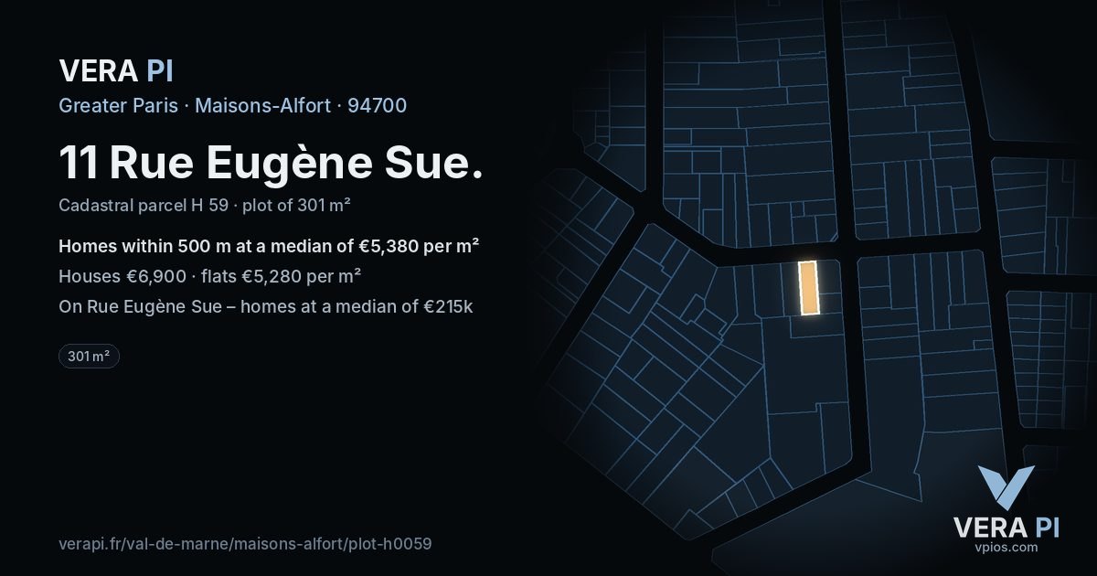 11 Rue Eugène Sue, Maisons-Alfort at night – the plot lit, the parcels around coloured by the prices near them