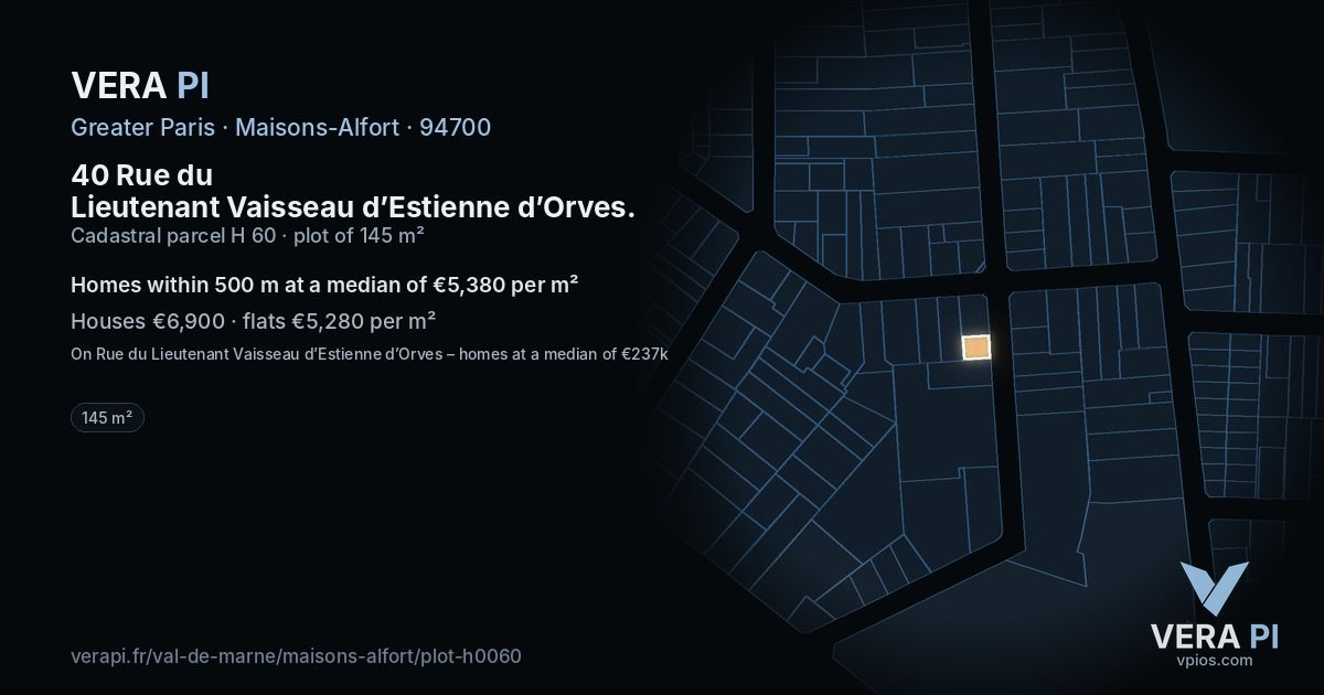 40 Rue du Lieutenant Vaisseau d’Estienne d’Orves, Maisons-Alfort at night – the plot lit, the parcels around coloured by the prices near them