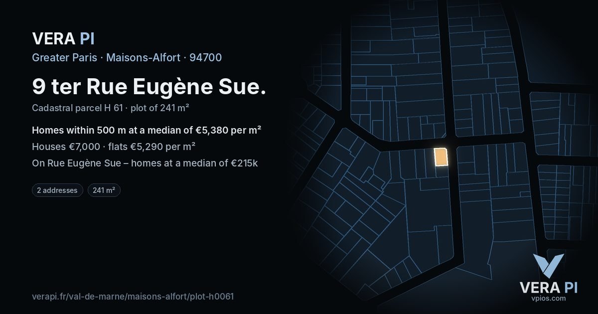 9 ter Rue Eugène Sue, Maisons-Alfort at night – the plot lit, the parcels around coloured by the prices near them