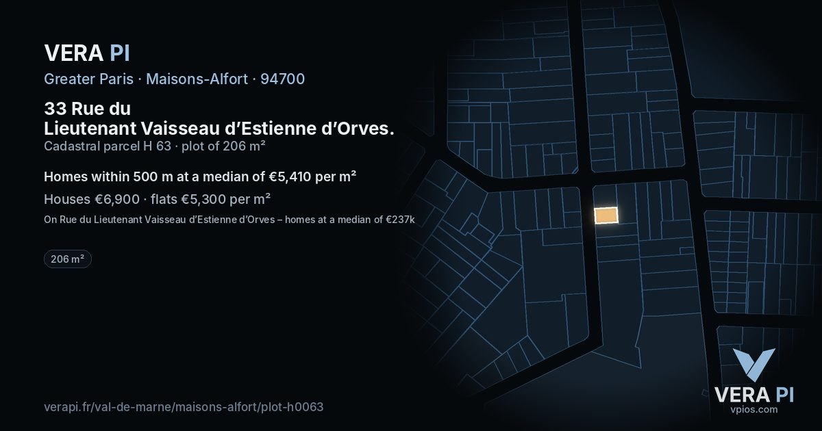 33 Rue du Lieutenant Vaisseau d’Estienne d’Orves, Maisons-Alfort at night – the plot lit, the parcels around coloured by the prices near them