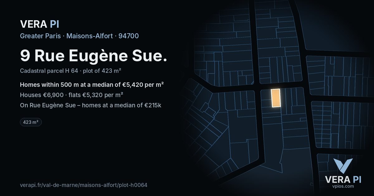 9 Rue Eugène Sue, Maisons-Alfort at night – the plot lit, the parcels around coloured by the prices near them