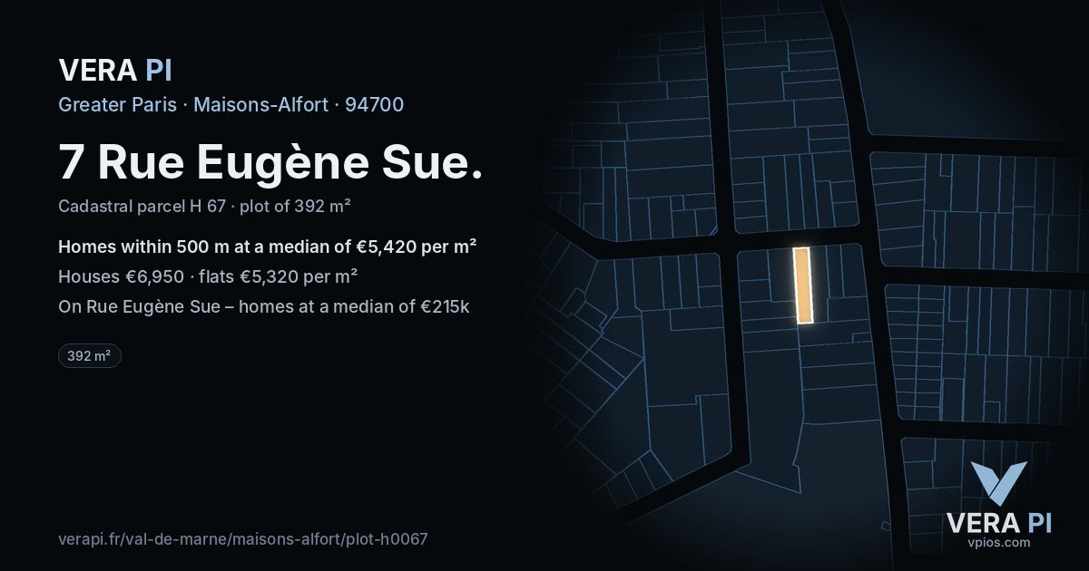 7 Rue Eugène Sue, Maisons-Alfort at night – the plot lit, the parcels around coloured by the prices near them