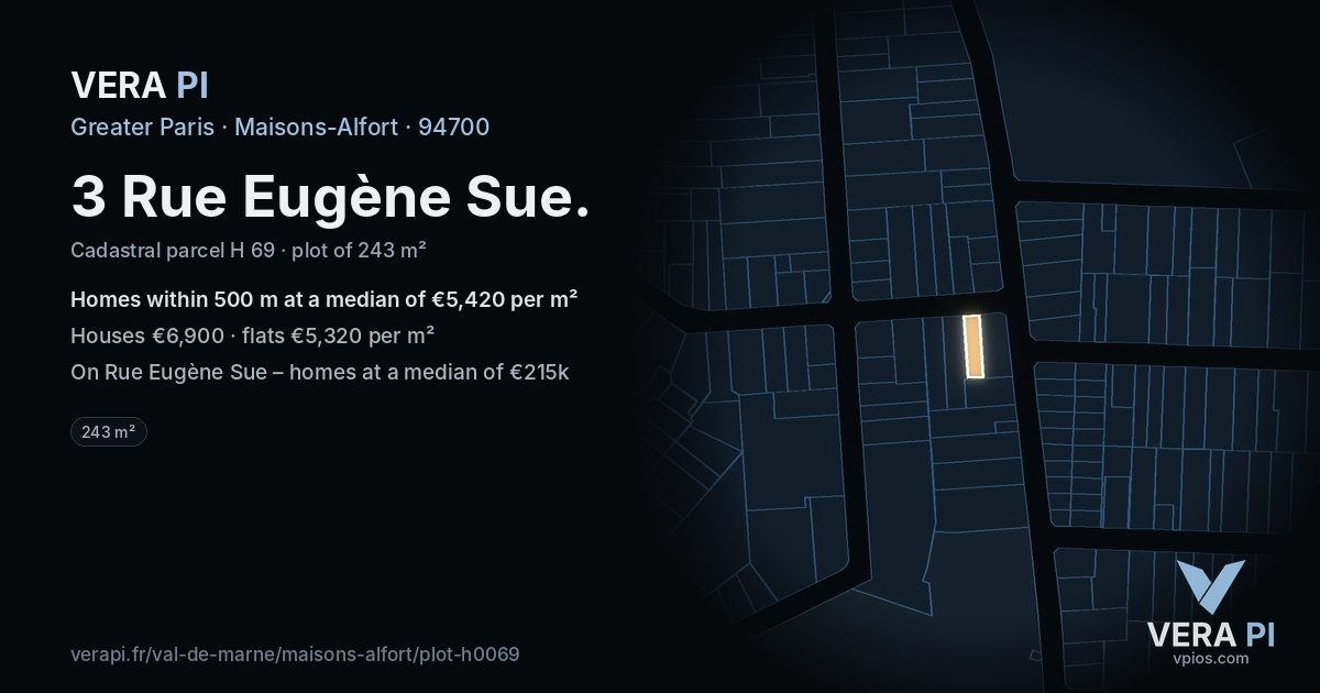 3 Rue Eugène Sue, Maisons-Alfort at night – the plot lit, the parcels around coloured by the prices near them
