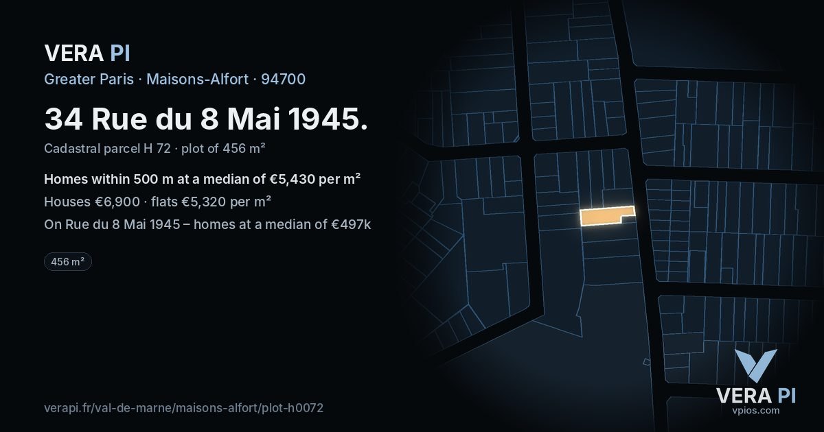 34 Rue du 8 Mai 1945, Maisons-Alfort at night – the plot lit, the parcels around coloured by the prices near them