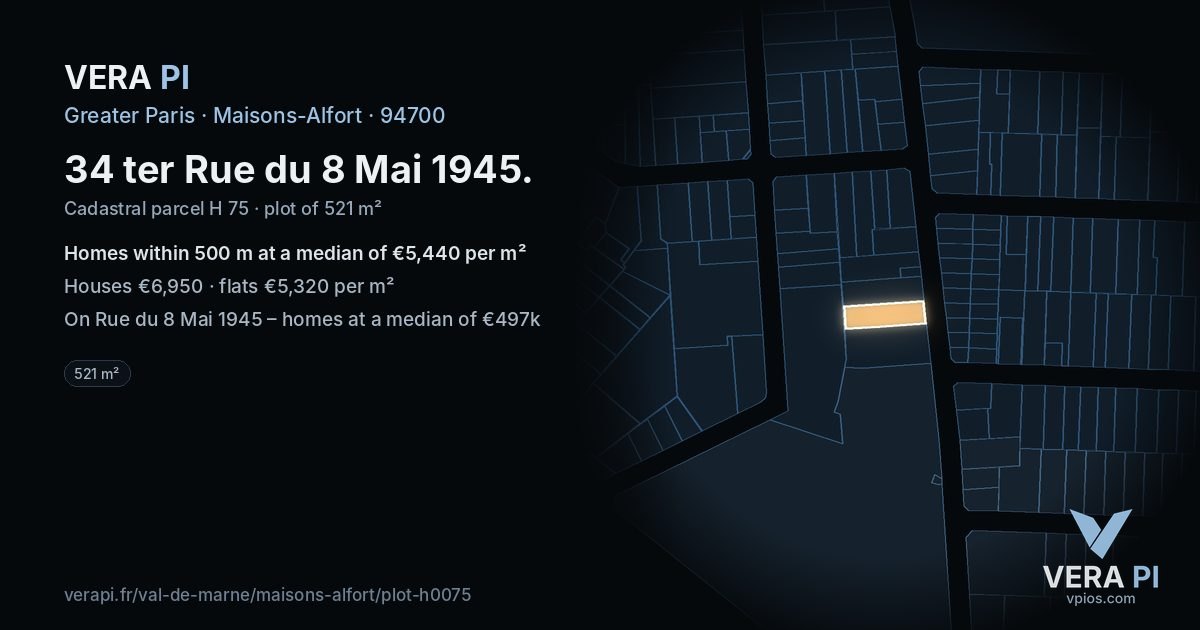 34 ter Rue du 8 Mai 1945, Maisons-Alfort at night – the plot lit, the parcels around coloured by the prices near them