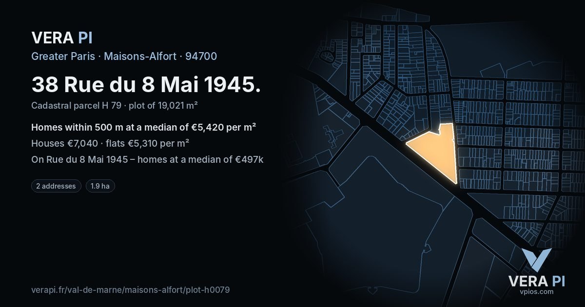 38 Rue du 8 Mai 1945, Maisons-Alfort at night – the plot lit, the parcels around coloured by the prices near them
