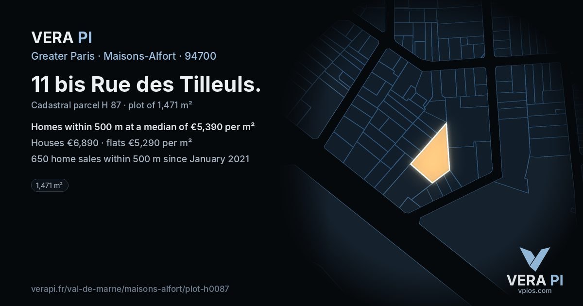 11 bis Rue des Tilleuls, Maisons-Alfort at night – the plot lit, the parcels around coloured by the prices near them